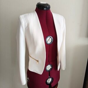 H&M Women's Cropped Blazer Ivory White Padded Shoulders Gold Zipper Size 2 XS